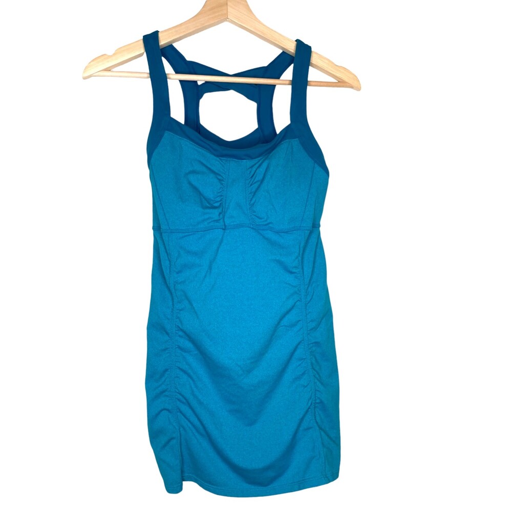 Athleta Teal Scrunch Ruched Lattice Cross Back Tank Top Size Small